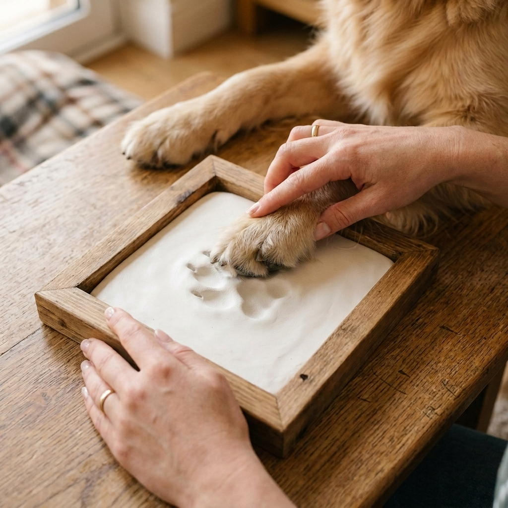 Hands pressing dog paw into white clay in wooden frame