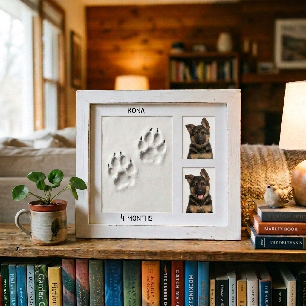 Clay paw print frame personalized with KONA 4 months displayed on bookshelf
