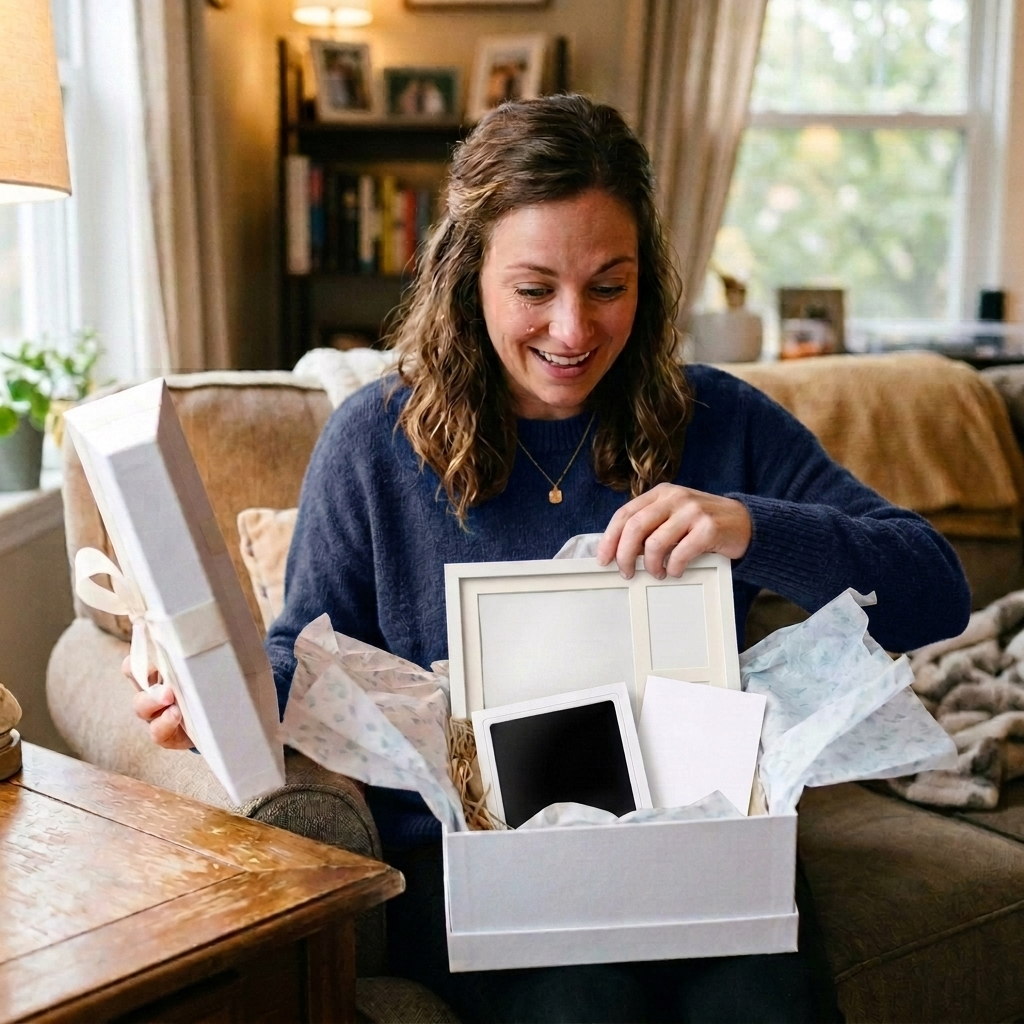 Woman opening Pawprint and Co gift box with keepsake inside