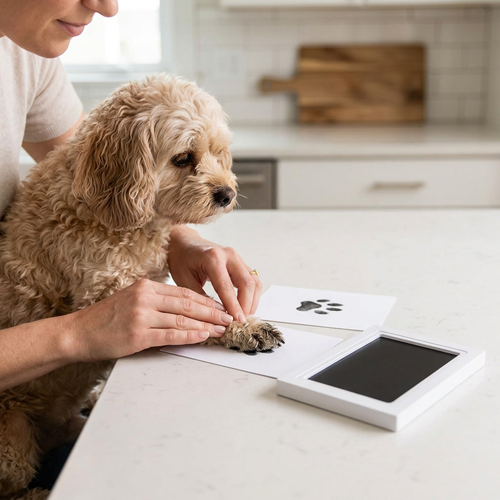 Woman pressing dog paw onto print card with ink pad